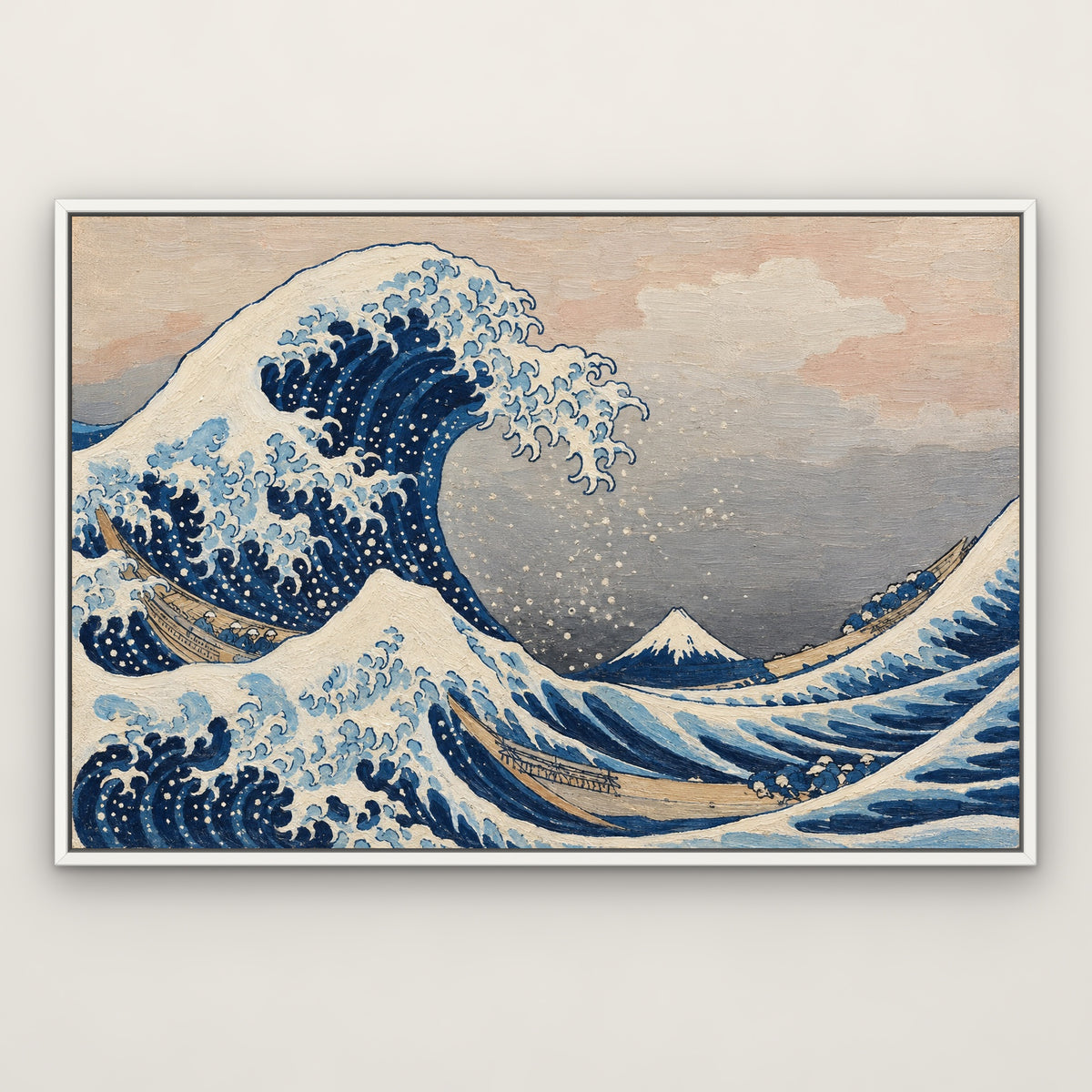 The Great Wave, after Hokusai, seascape hand-painted canvas wall art in a slim white float frame – Gallery 23