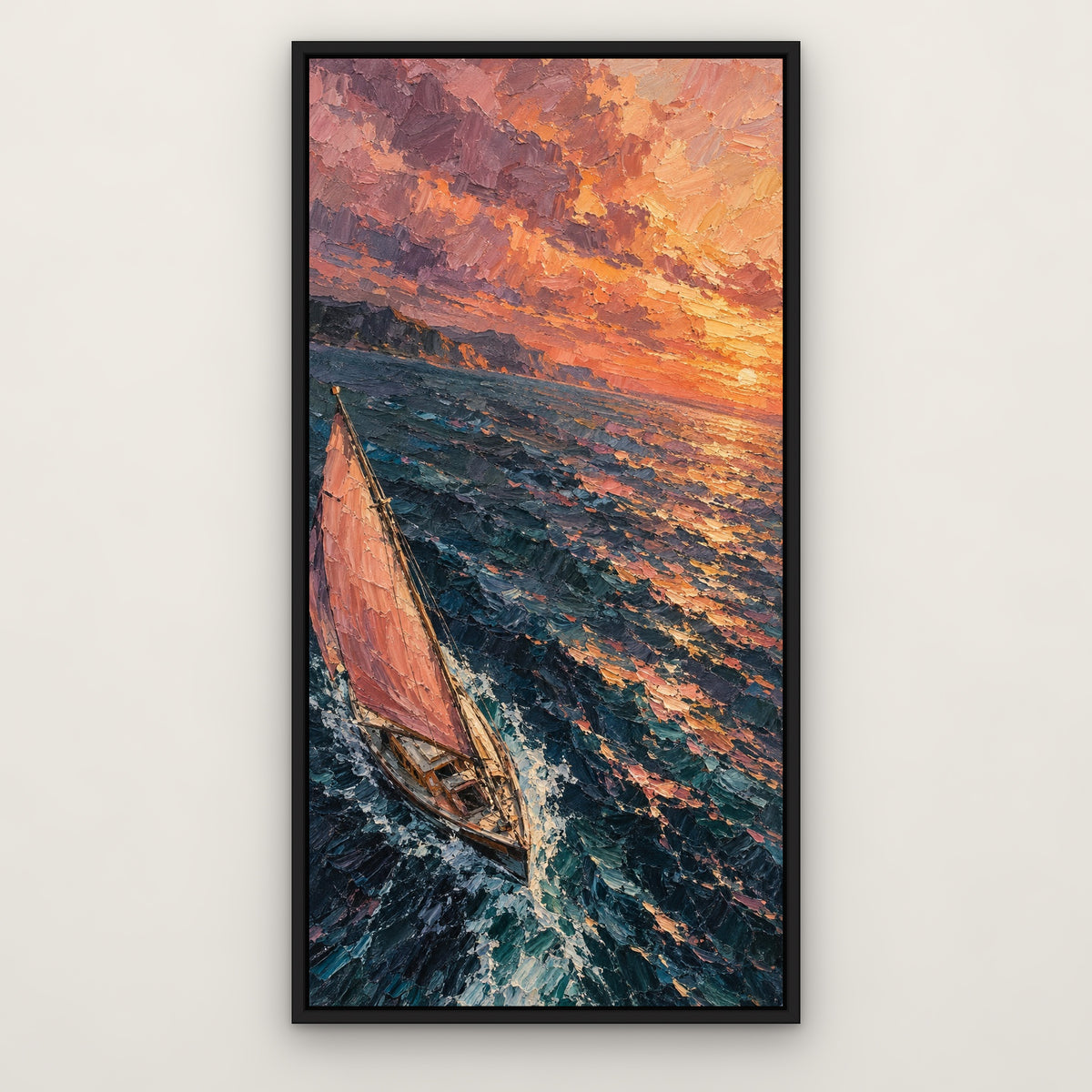 Rose Sail Voyage, blue seascape hand-painted canvas wall art in a slim black float frame – Gallery 23