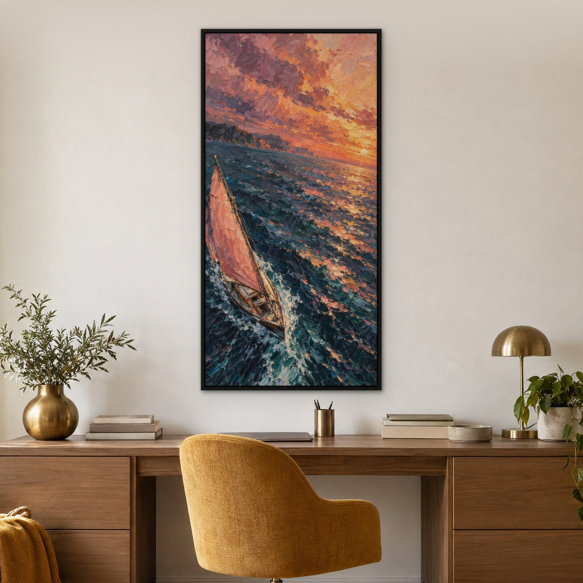 Rose Sail Voyage, blue seascape hand-painted canvas wall art in a home office – Gallery 23