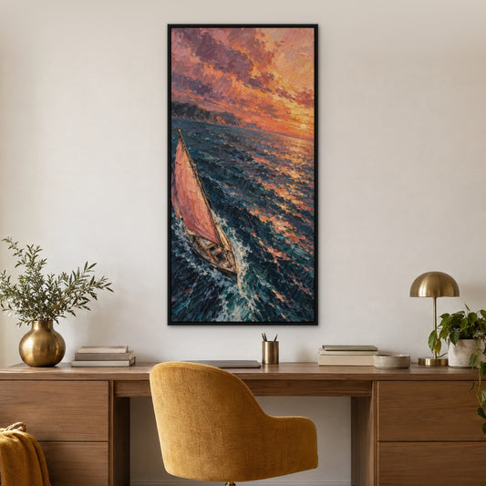 Rose Sail Voyage, blue seascape hand-painted canvas wall art in a home office – Gallery 23