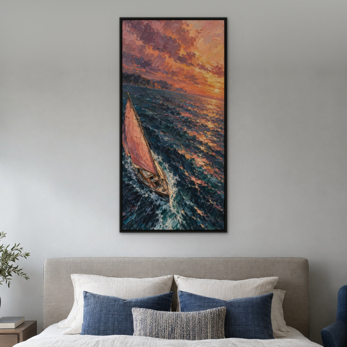 Rose Sail Voyage, blue seascape hand-painted canvas wall art in a bedroom – Gallery 23