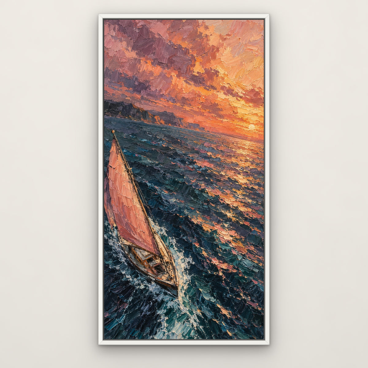 Rose Sail Voyage, blue seascape hand-painted canvas wall art in a slim white float frame – Gallery 23