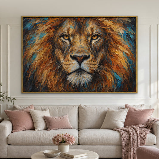 Lion in Close-Up, brown wildlife hand-painted canvas wall art in a living room – Gallery 23