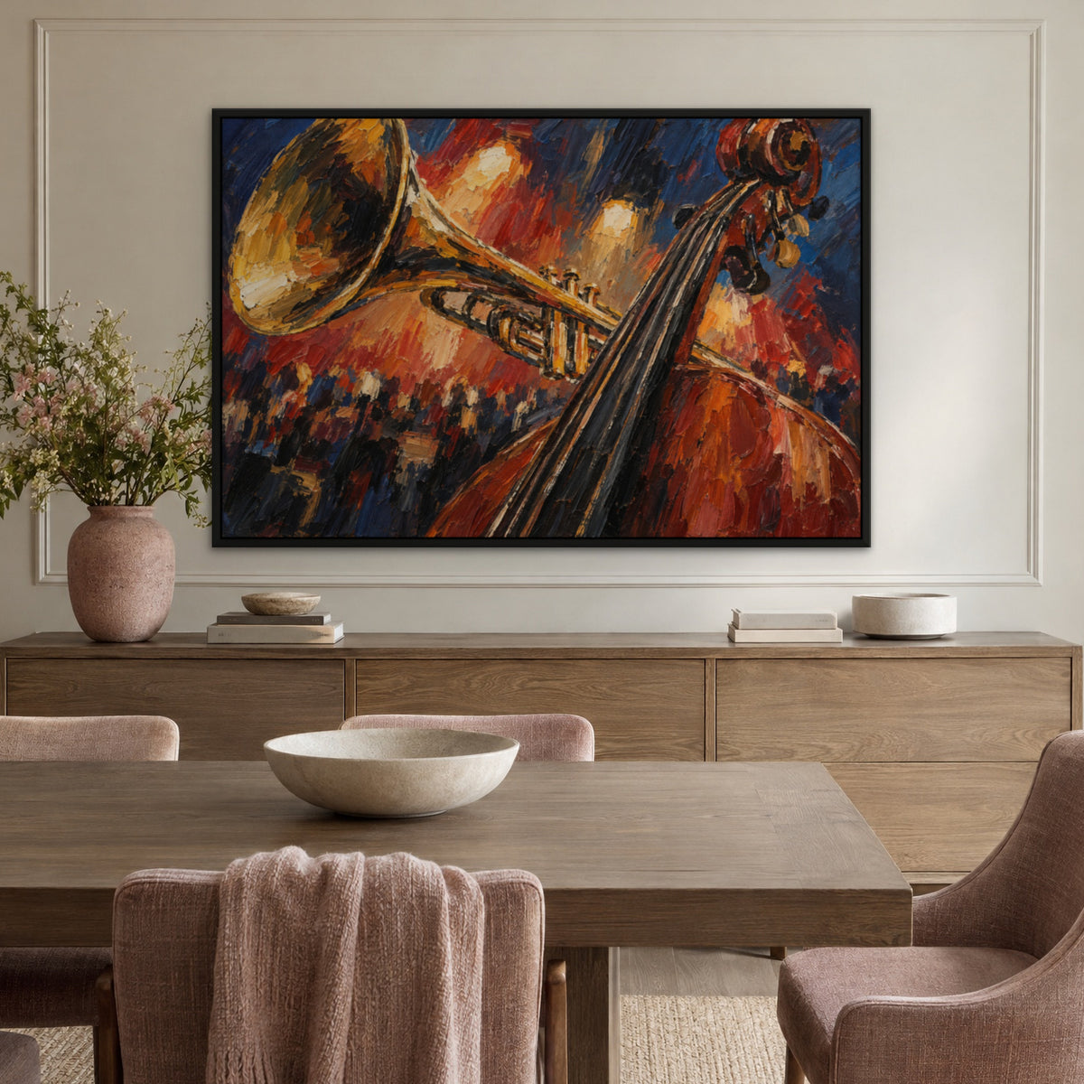 Bass and Brass, colourful figurative hand-painted canvas wall art in a dining room – Gallery 23