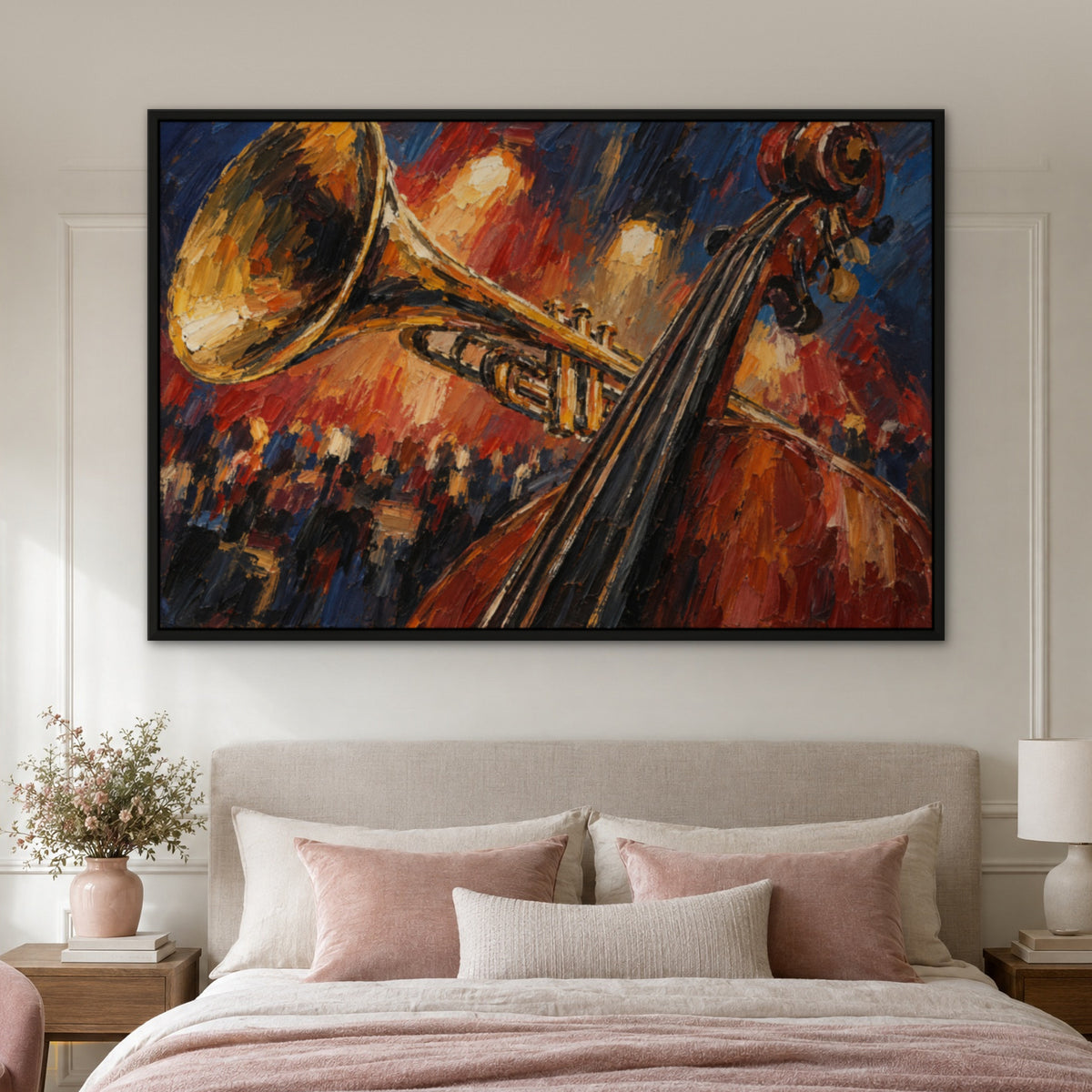 Bass and Brass, colourful figurative hand-painted canvas wall art in a bedroom – Gallery 23
