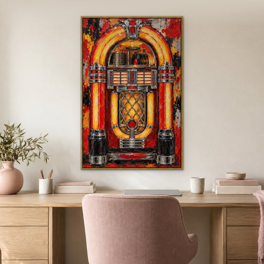 The Jukebox, red pop art hand-painted canvas wall art in a home office – Gallery 23