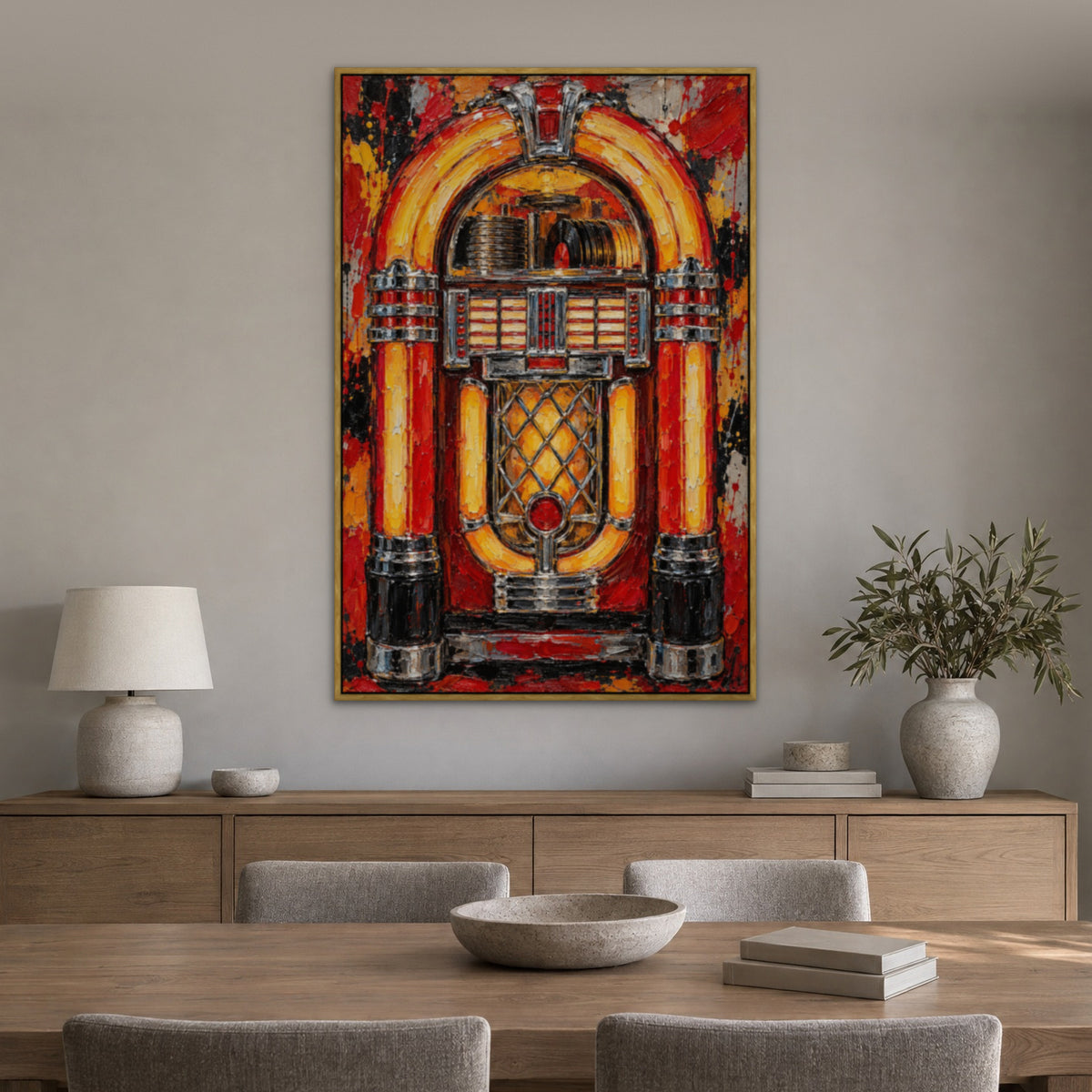 The Jukebox, red pop art hand-painted canvas wall art in a dining room – Gallery 23
