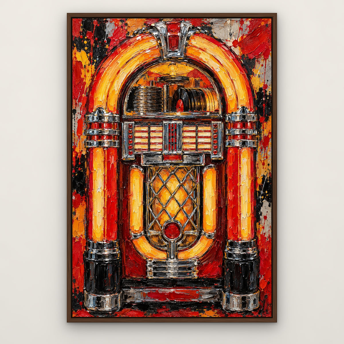 The Jukebox, red pop art hand-painted canvas wall art in a slim walnut float frame – Gallery 23