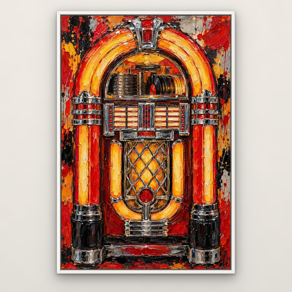 The Jukebox, red pop art hand-painted canvas wall art in a slim white float frame – Gallery 23