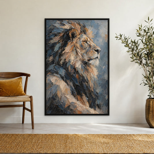 Fractured Lion, grey wildlife hand-painted canvas wall art in a hallway – Gallery 23