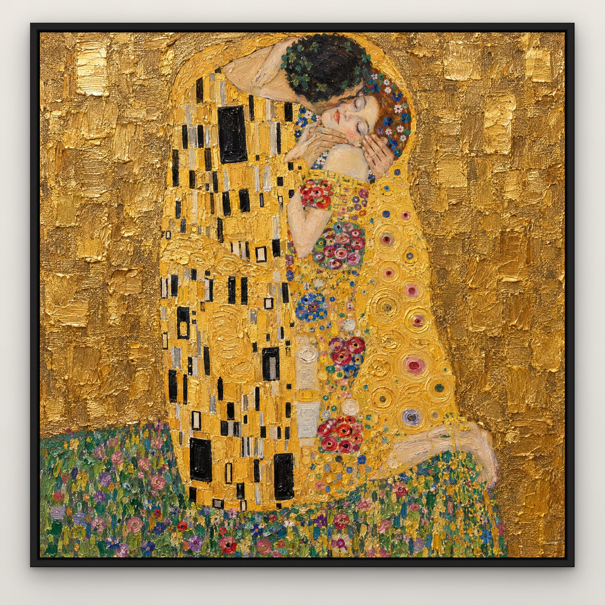 The Kiss, after Klimt, figurative hand-painted canvas wall art in a slim black float frame – Gallery 23