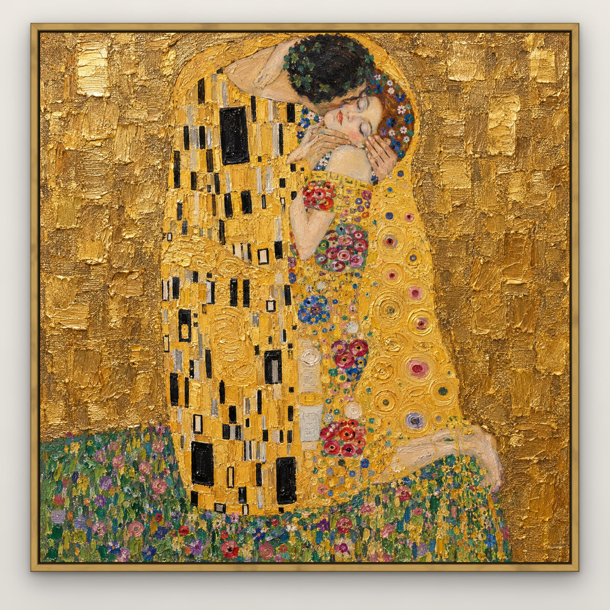 The Kiss, after Klimt, figurative hand-painted canvas wall art in a slim antique gold float frame – Gallery 23