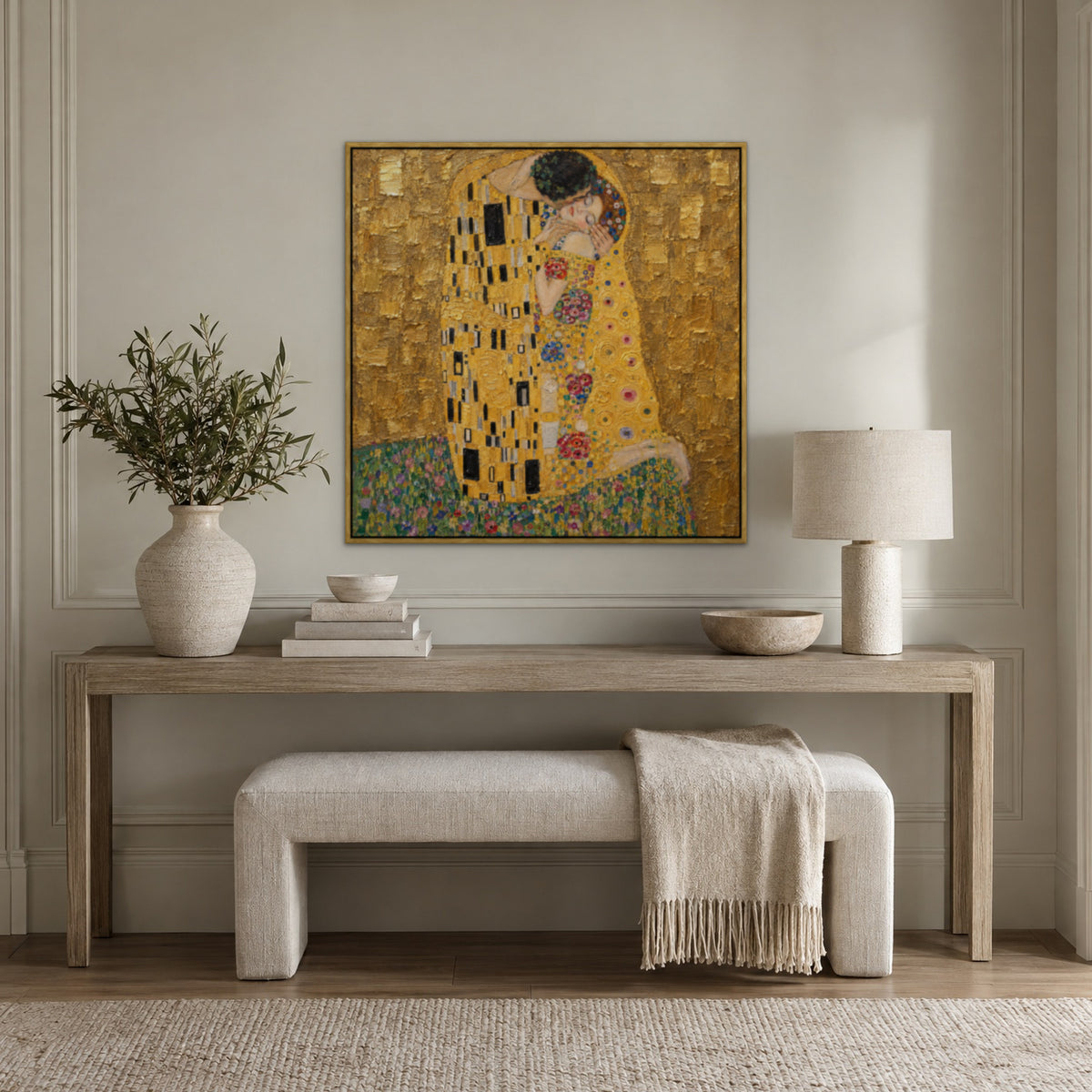 The Kiss, after Klimt, figurative hand-painted canvas wall art in a hallway – Gallery 23