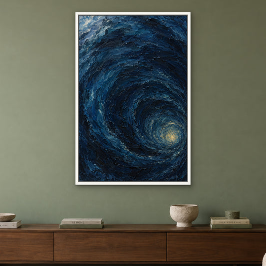 Indigo Depths, blue abstract hand-painted canvas wall art in a living room – Gallery 23