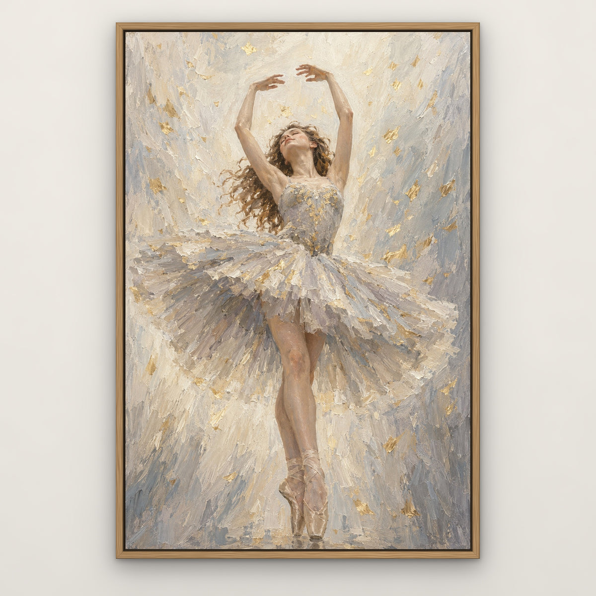 Dreaming Dancer, grey figurative hand-painted canvas wall art in a slim oak float frame – Gallery 23