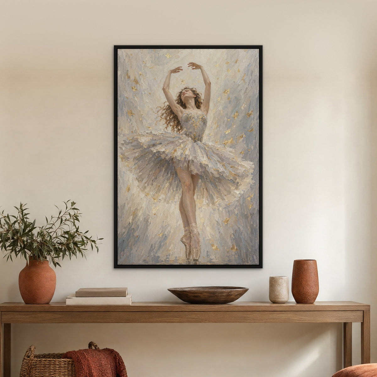 Dreaming Dancer, grey figurative hand-painted canvas wall art in a hallway – Gallery 23