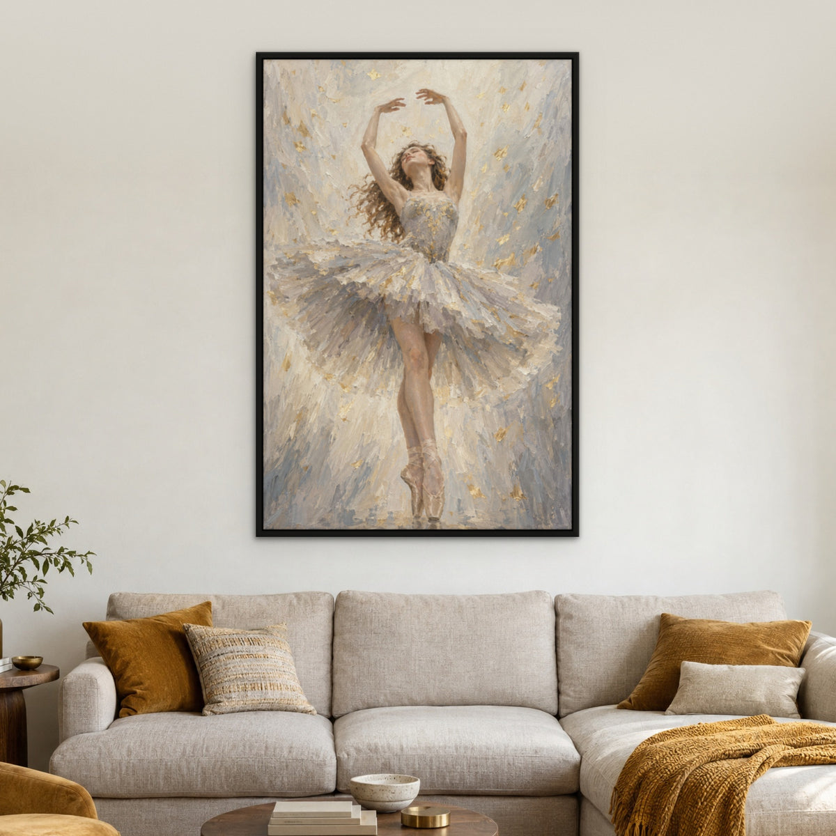 Dreaming Dancer, grey figurative hand-painted canvas wall art in a living room – Gallery 23