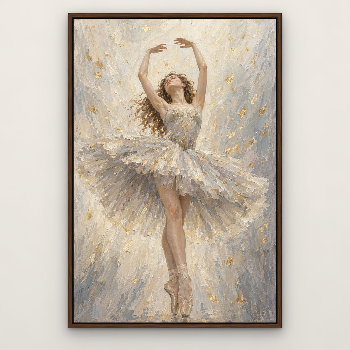 Dreaming Dancer, grey figurative hand-painted canvas wall art in a slim walnut float frame – Gallery 23