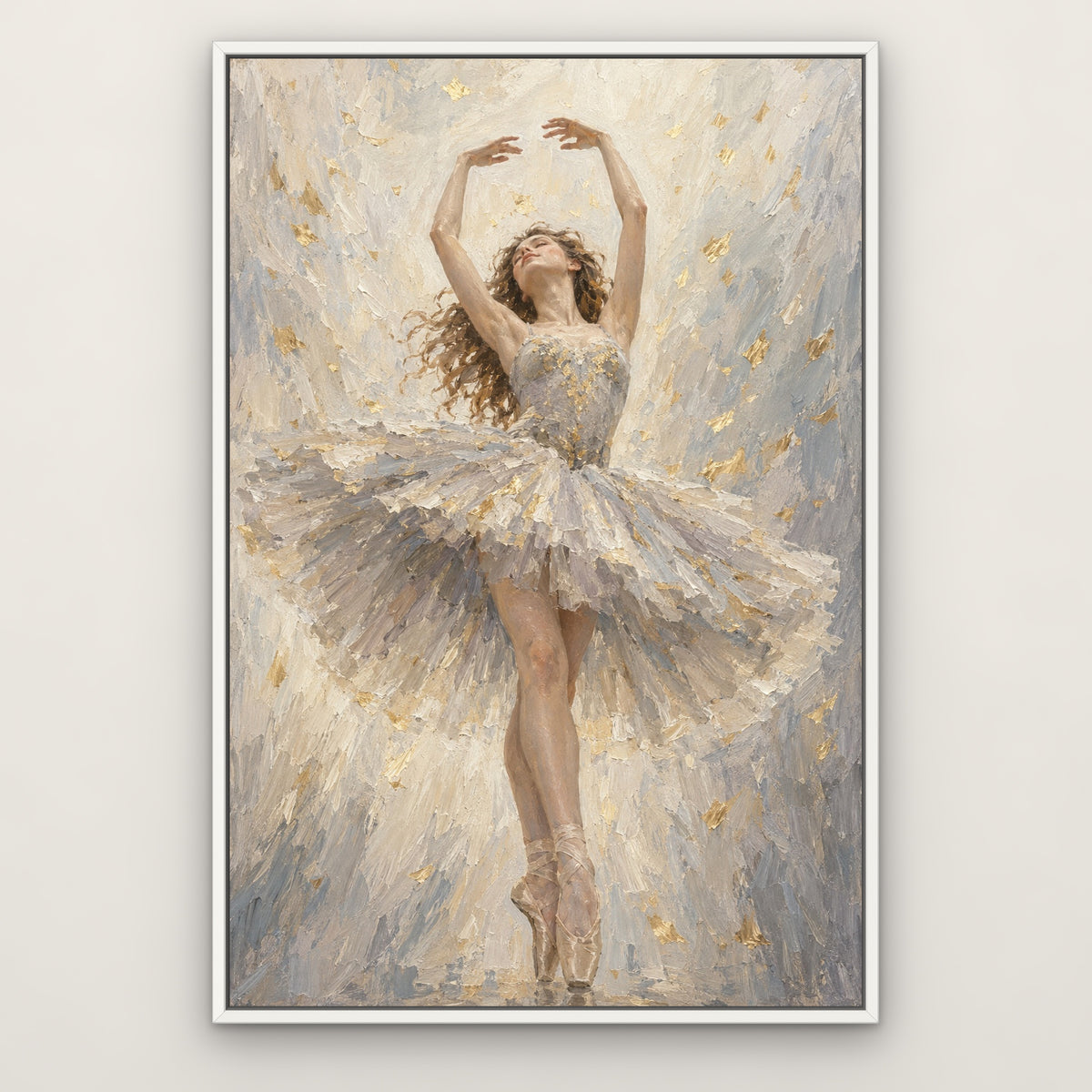 Dreaming Dancer, grey figurative hand-painted canvas wall art in a slim white float frame – Gallery 23