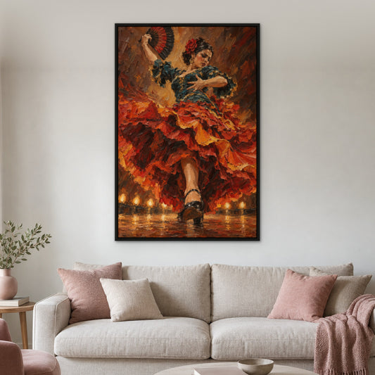 Flamenco Flame, red figurative hand-painted canvas wall art in a living room – Gallery 23