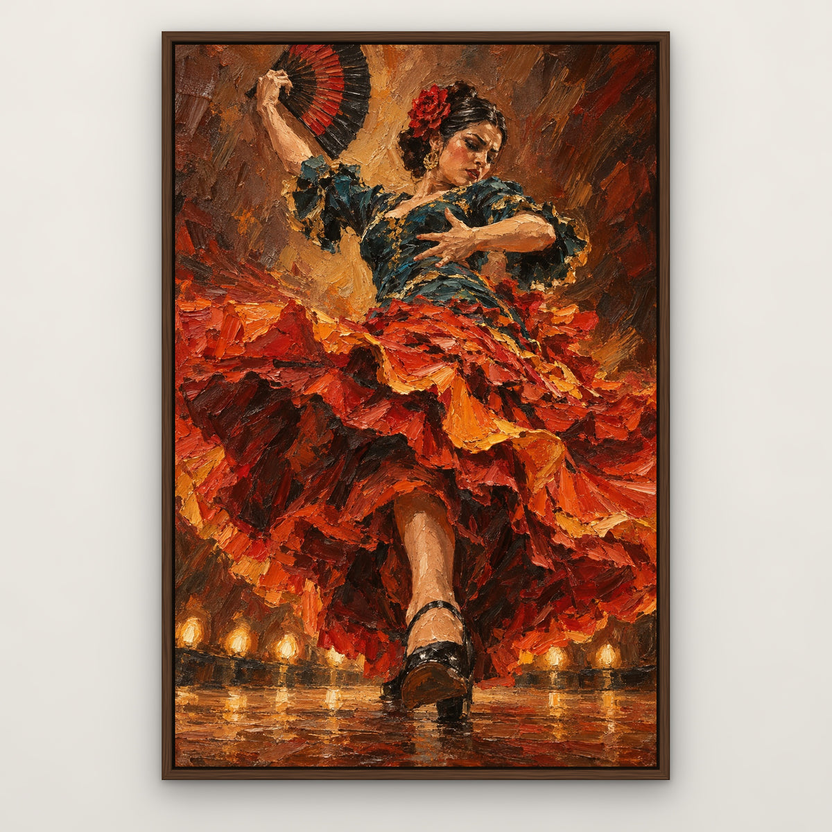 Flamenco Flame, red figurative hand-painted canvas wall art in a slim walnut float frame – Gallery 23