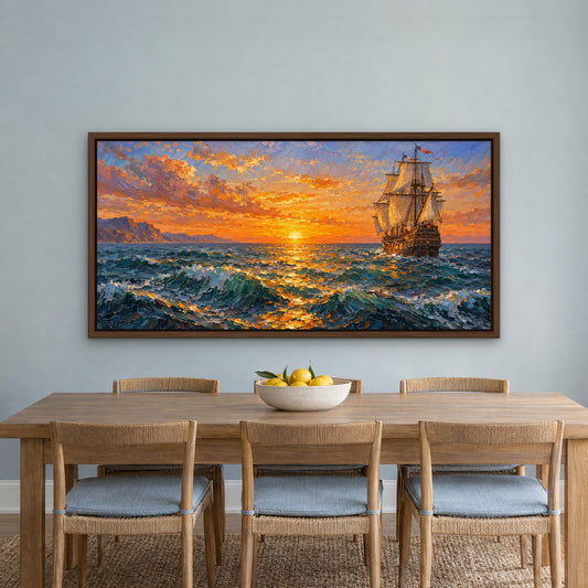 Golden Hour Galleon, blue seascape hand-painted canvas wall art in a dining room – Gallery 23