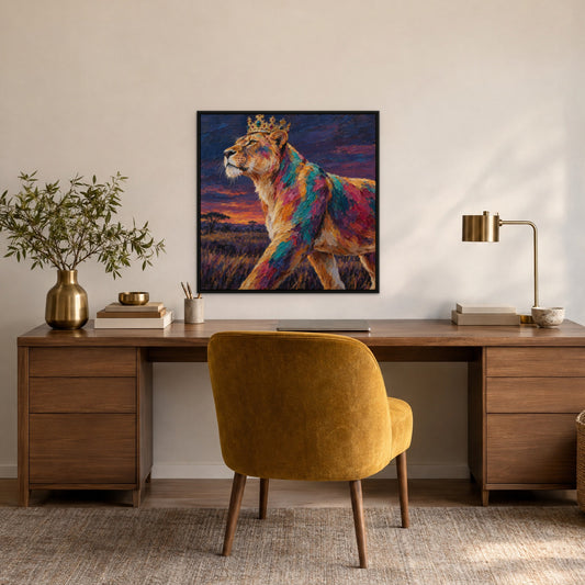 Crowned Lioness, pink pop art hand-painted canvas wall art in a home office – Gallery 23