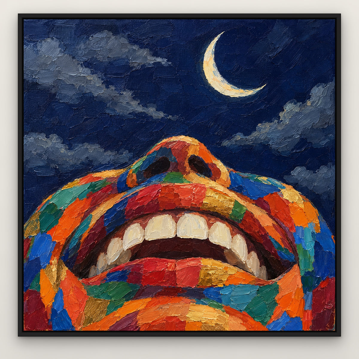 Rainbow Lips, colourful pop art hand-painted canvas wall art in a slim black float frame – Gallery 23