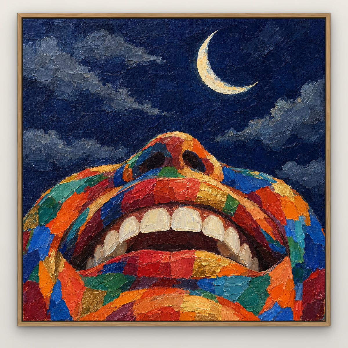 Rainbow Lips, colourful pop art hand-painted canvas wall art in a slim oak float frame – Gallery 23