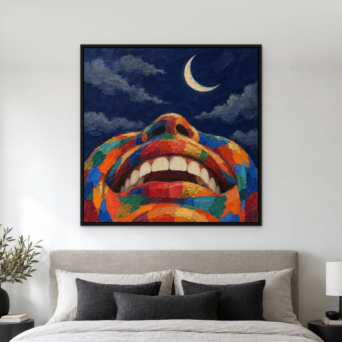 Rainbow Lips, colourful pop art hand-painted canvas wall art in a bedroom – Gallery 23