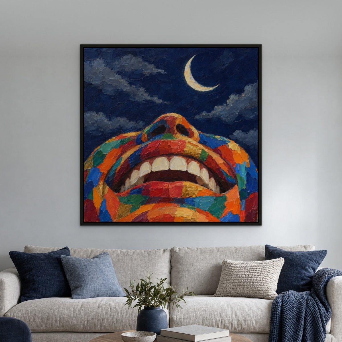 Rainbow Lips, colourful pop art hand-painted canvas wall art in a living room – Gallery 23