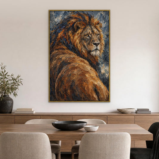 Lion in Knife Strokes, colourful wildlife hand-painted canvas wall art in a dining room – Gallery 23