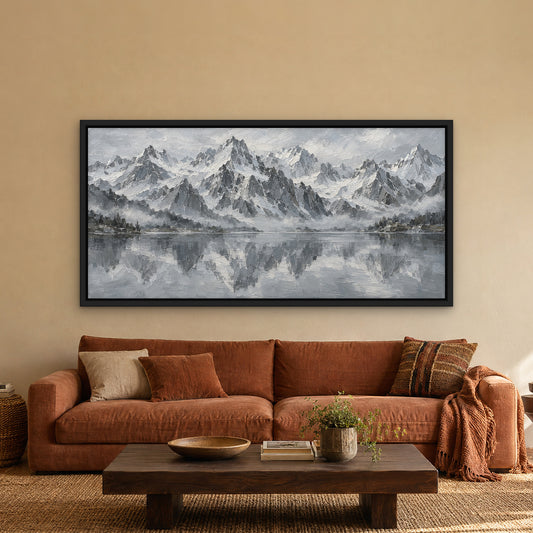 Silver Peaks Reflection, grey mountain landscape hand-painted canvas wall art in a living room – Gallery 23