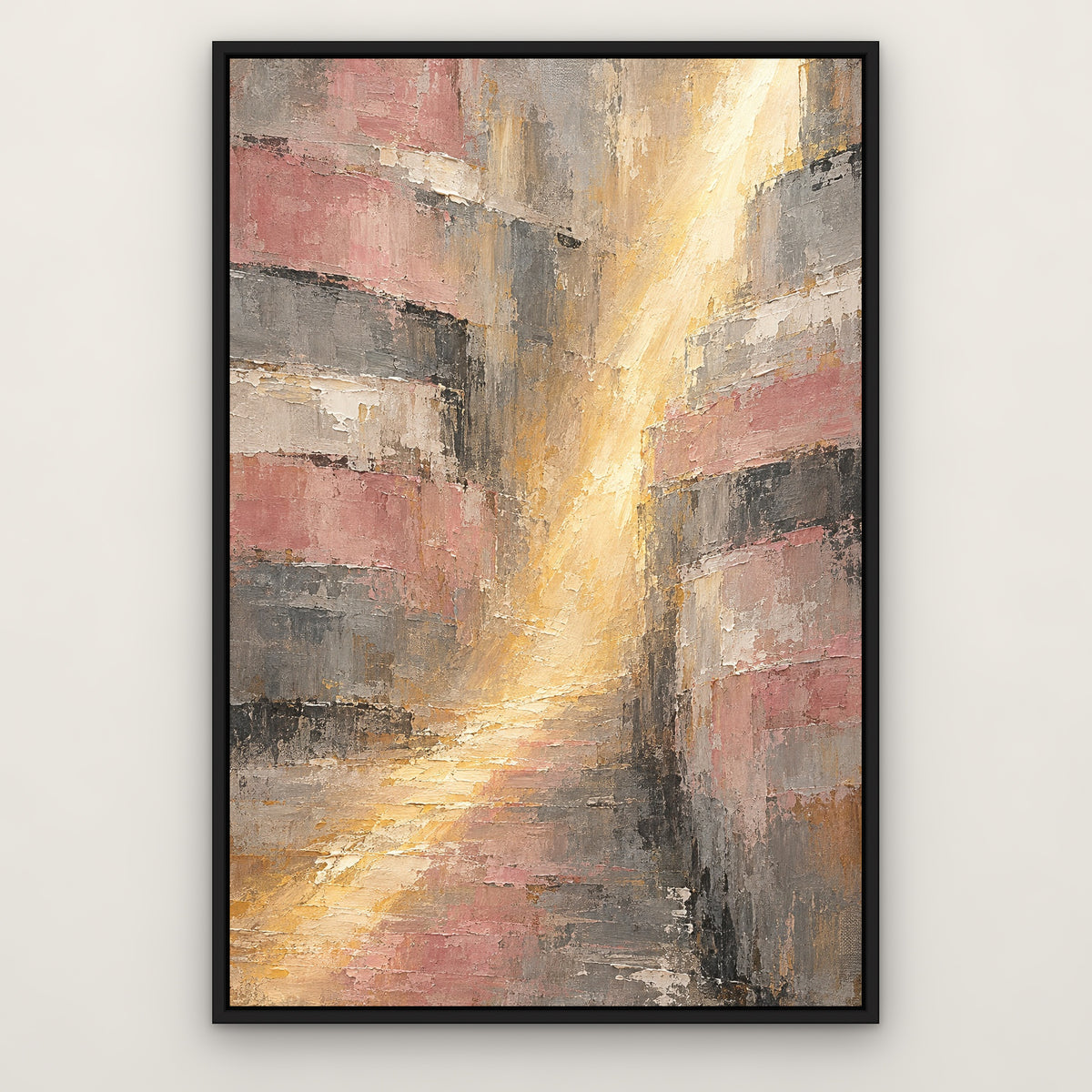 Rose Alley Abstract, grey hand-painted canvas wall art in a slim black float frame – Gallery 23