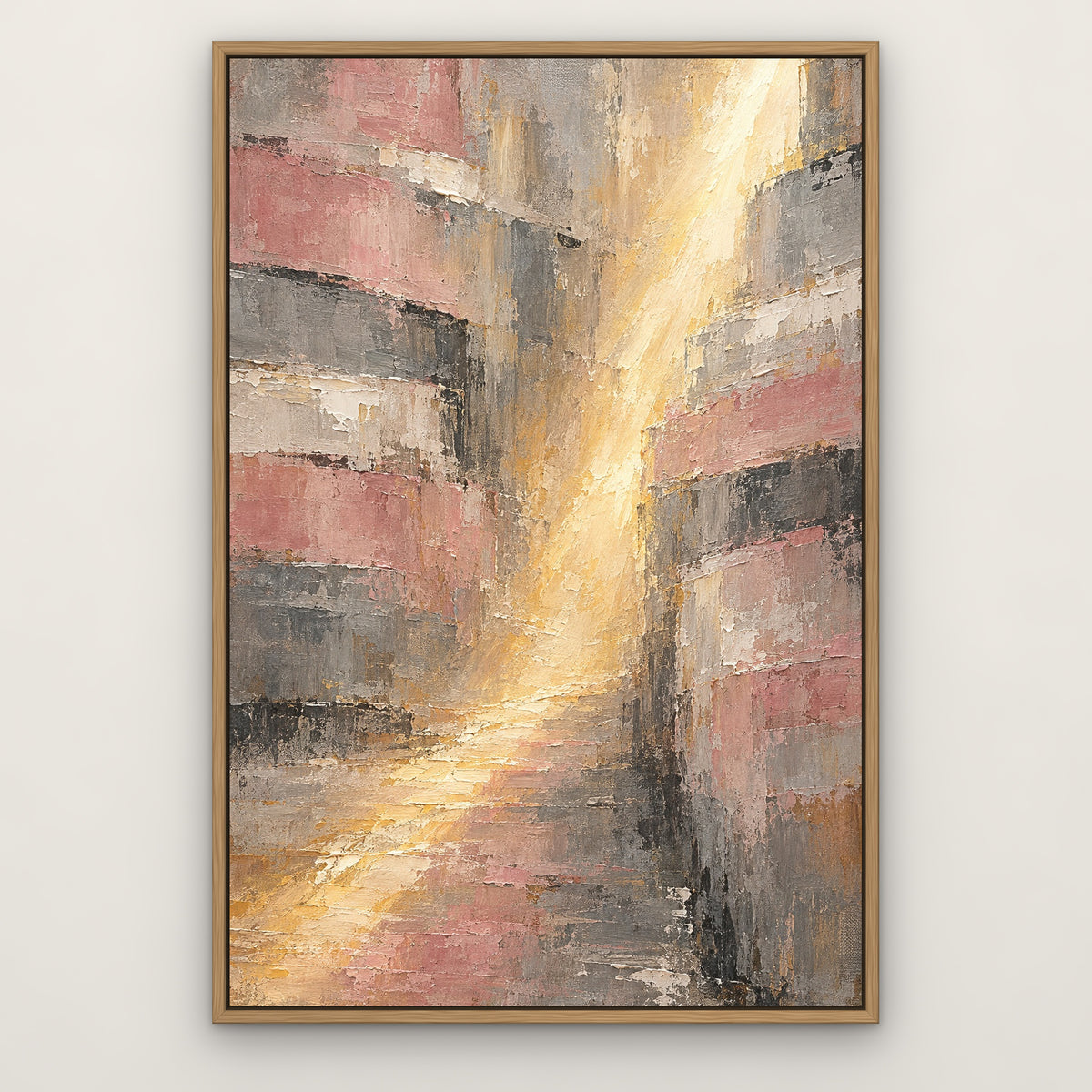 Rose Alley Abstract, grey hand-painted canvas wall art in a slim oak float frame – Gallery 23