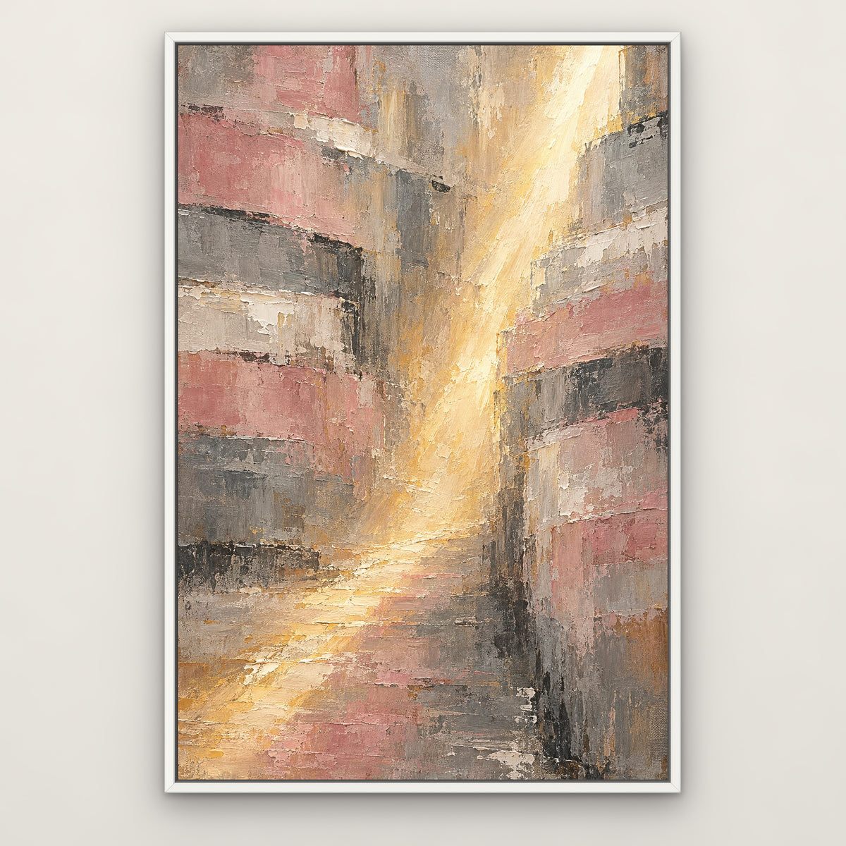 Rose Alley Abstract, grey hand-painted canvas wall art in a slim white float frame – Gallery 23
