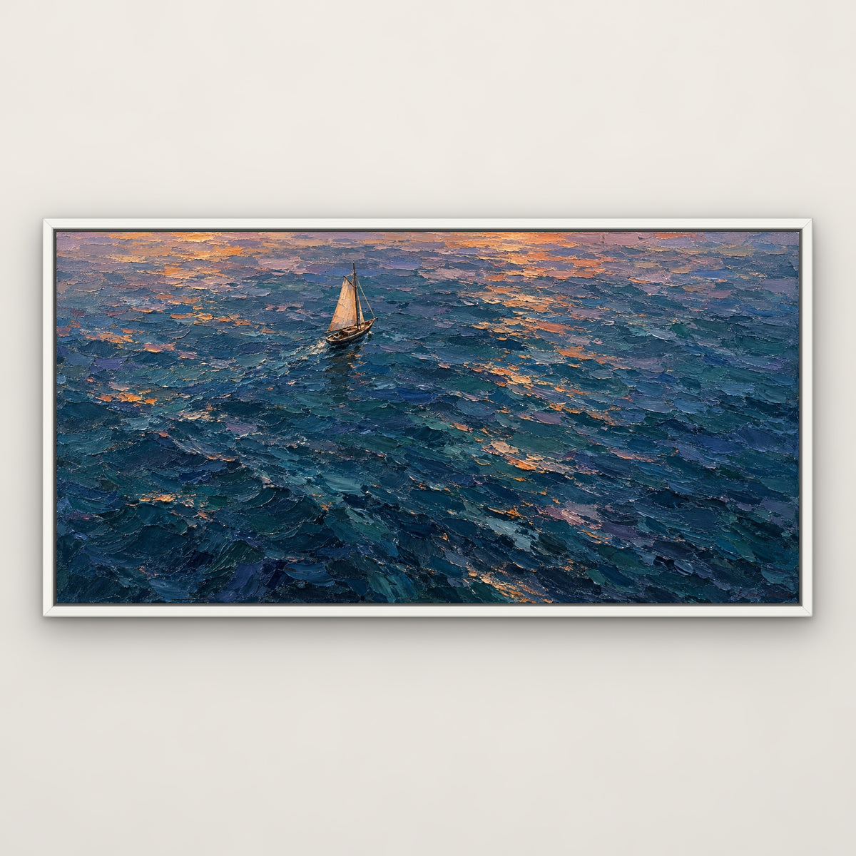 Little Schooner, blue seascape hand-painted canvas wall art in a slim white float frame – Gallery 23