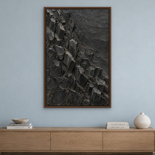 Basalt Relief, black and white abstract hand-painted canvas wall art in a living room – Gallery 23