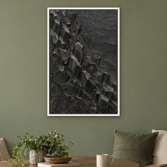 Basalt Relief, black and white abstract hand-painted canvas wall art in a kitchen nook – Gallery 23