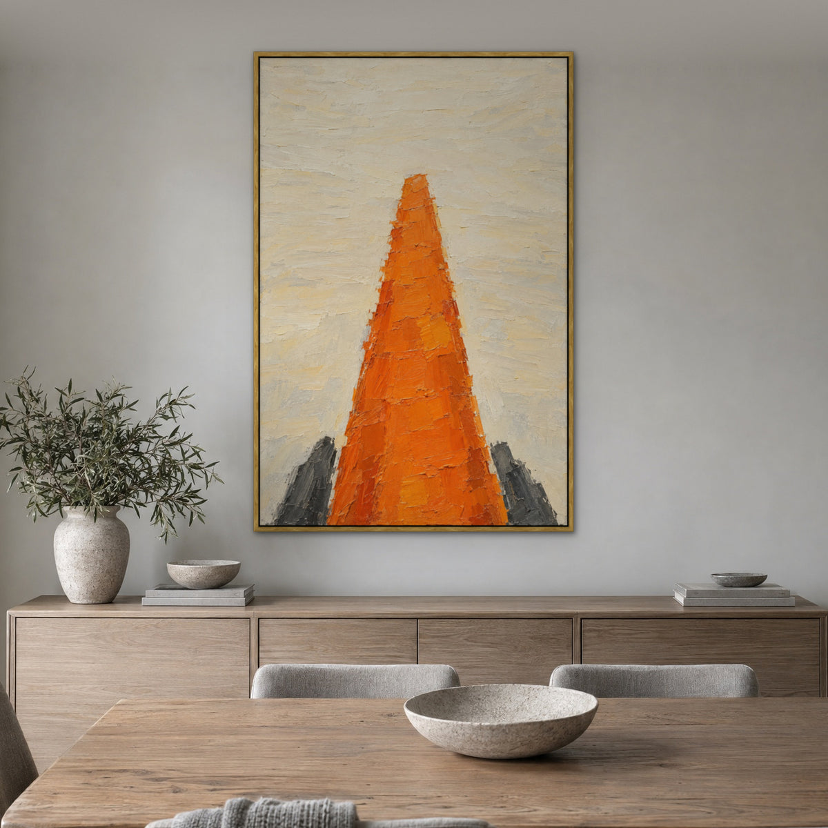 Tangerine Pillar, teal abstract hand-painted canvas wall art in a dining room – Gallery 23