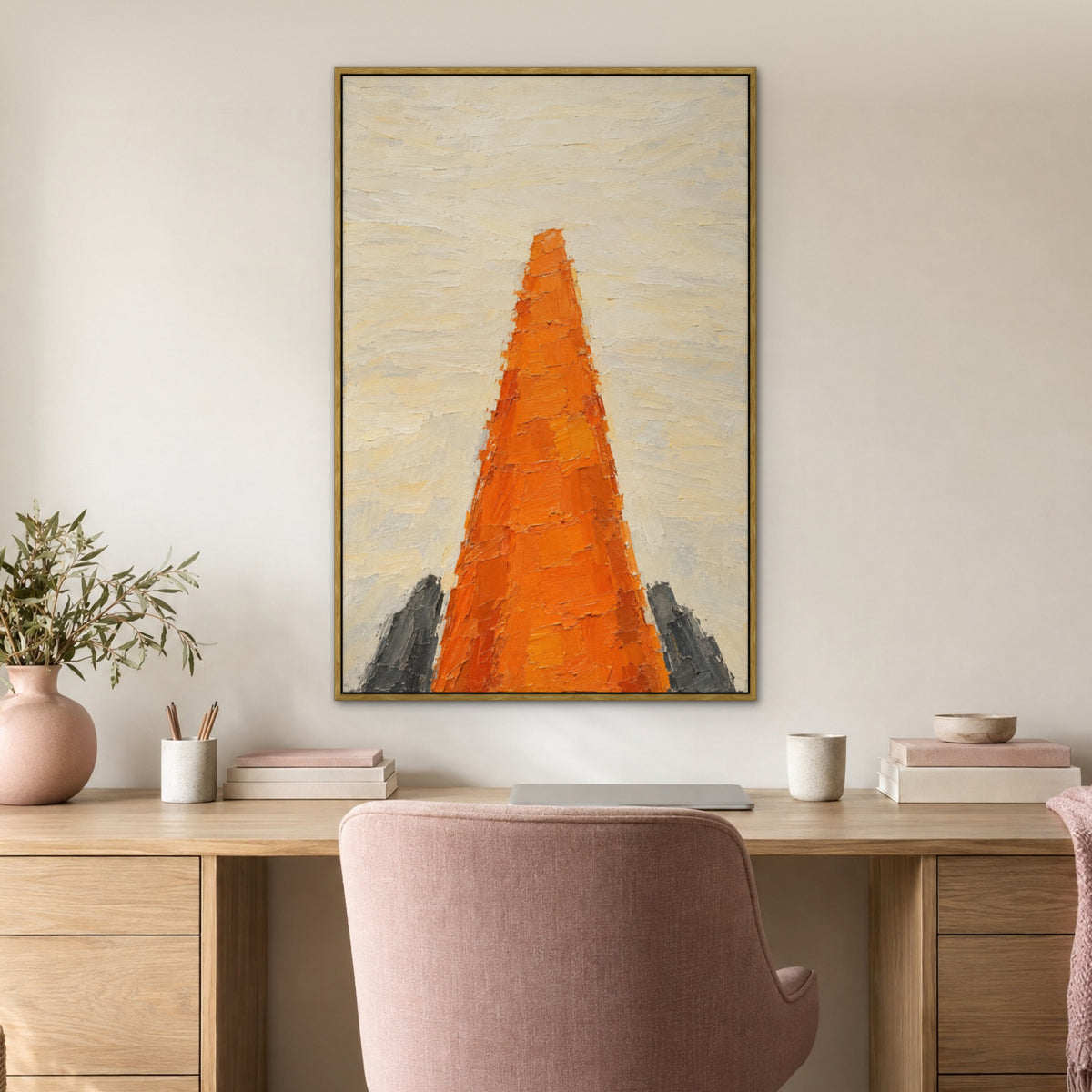 Tangerine Pillar, teal abstract hand-painted canvas wall art in a home office – Gallery 23