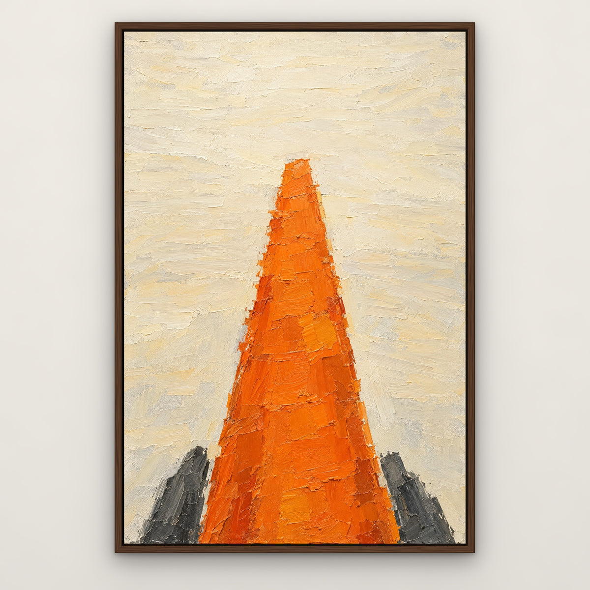 Tangerine Pillar, teal abstract hand-painted canvas wall art in a slim walnut float frame – Gallery 23