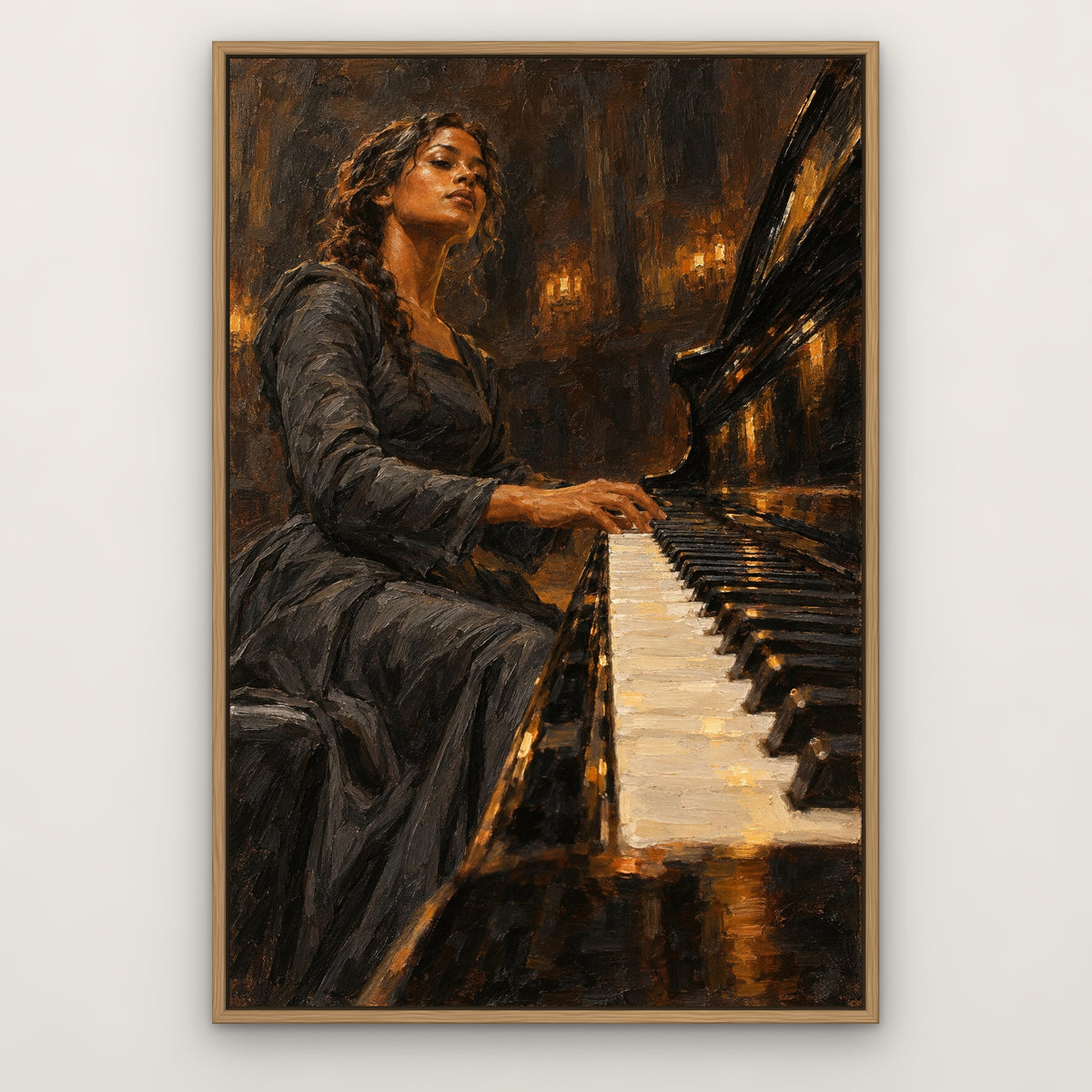 Bronze Pianist, orange figurative hand-painted canvas wall art in a slim oak float frame – Gallery 23