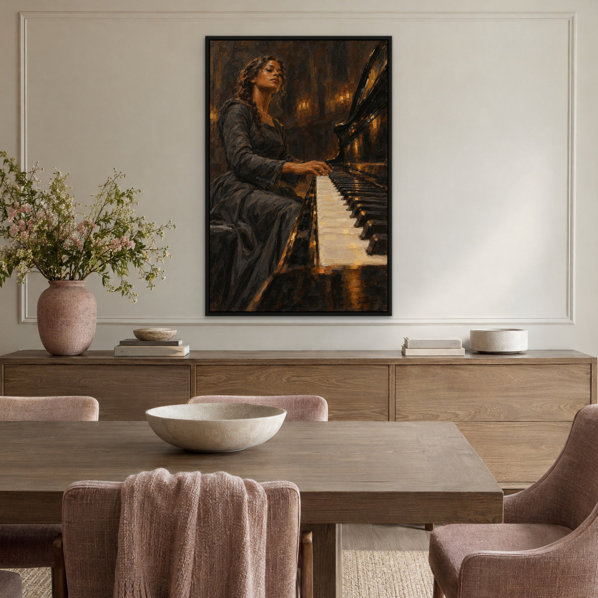 Bronze Pianist, orange figurative hand-painted canvas wall art in a dining room – Gallery 23