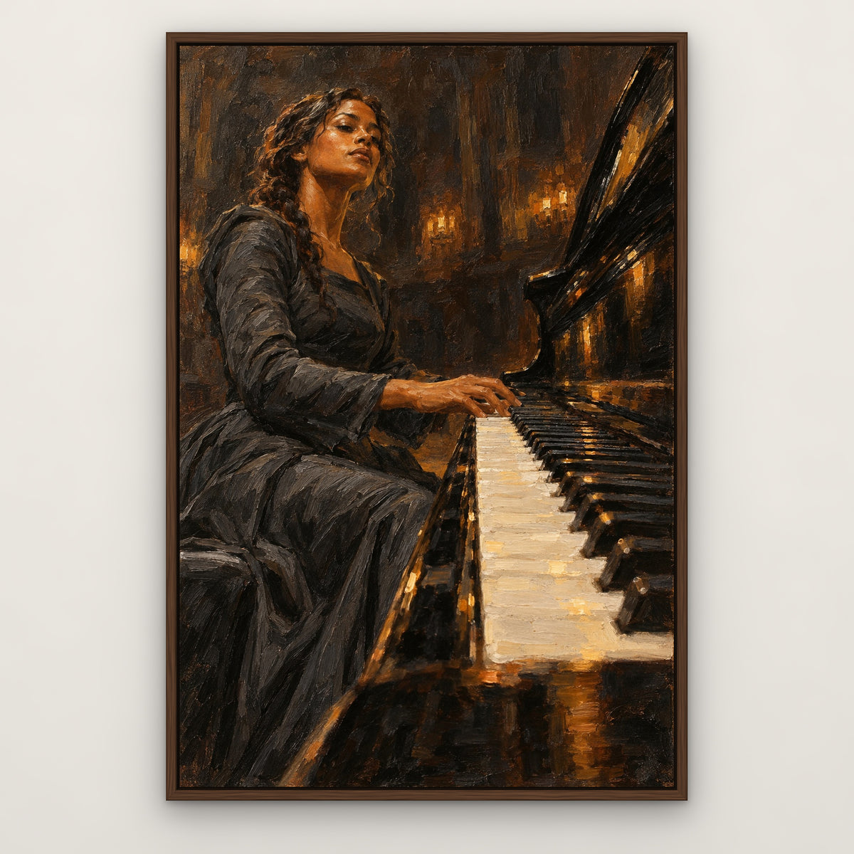 Bronze Pianist, orange figurative hand-painted canvas wall art in a slim walnut float frame – Gallery 23
