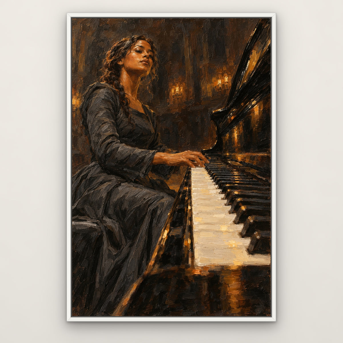 Bronze Pianist, orange figurative hand-painted canvas wall art in a slim white float frame – Gallery 23