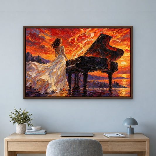 Fiery Sonata, orange figurative hand-painted canvas wall art in a home office – Gallery 23