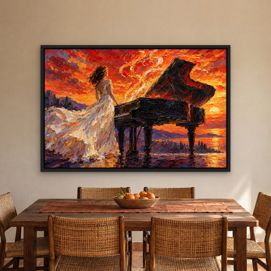 Fiery Sonata, orange figurative hand-painted canvas wall art in a dining room – Gallery 23