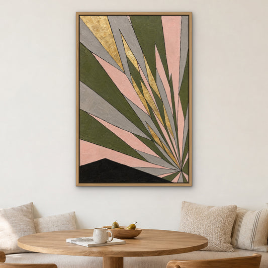 Olive Gold Shards, green abstract hand-painted canvas wall art in a kitchen nook – Gallery 23
