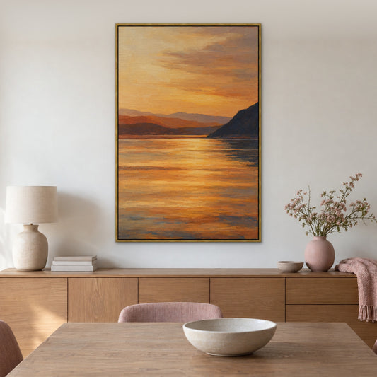 Amber Mirror Valley, orange abstract hand-painted canvas wall art in a dining room – Gallery 23